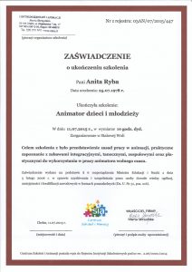 Zaświadczenie o ukończeniu szkolenia Animator dzieci i młodzieży Anity Ryby.
