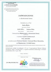 Zaświadczenie Anity Ryby o ukończeniu kursu Bajkoterapia z elementami dramy.