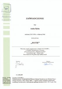 Zaświadczenie Anity Ryby o ukończeniu kursy Batik.