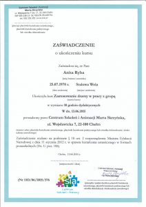 Zaświadczenie o ukończeniu kursu Zastosowanie dramy w pracy z grupą Anity Ryby.