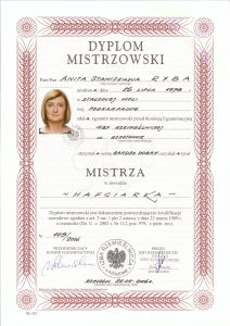 dyplom mistrzowski hafciarski Anity Ryby.