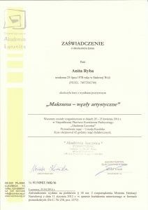 Zaświadczenie o ukończeniu kursy Makrama - węzły artystyczne dla Anity Ryby.