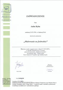 Zaświadczenie Anity Ryby o ukończeniu kursu Malowanie na jedwabiu.