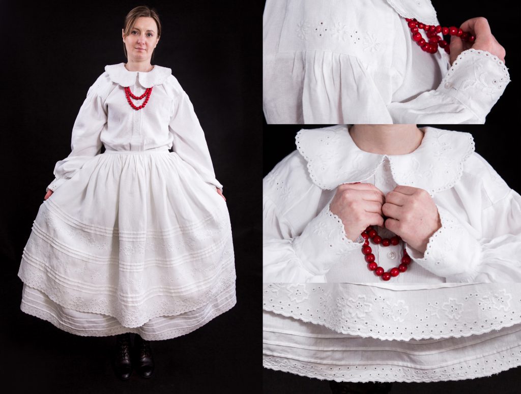 Strój lasowiacki kobiecy kolbuszowsko-raniżowski biały z czerwonymi koralami.