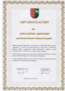 List gratulacyjny dla Kapeli Ludowej Łęgowianie z okazji 20 lecia muzykowania.