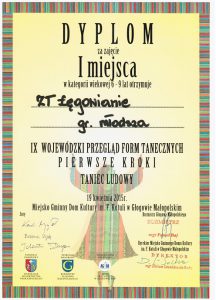 Dyplom za zajęcie 1 miejsca dla ZT Łęgowianie na IX wpojewódzkim przeglądzie form tanecznych Pierwsze kroki taniec ludowy