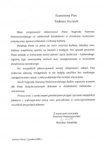 list od starosty z informacją o wygraniu nagrody starosty w dziedzinie twórczości artystycznej i upowszechniania i ochrony kultury dla Tadeusza Szczęcha.