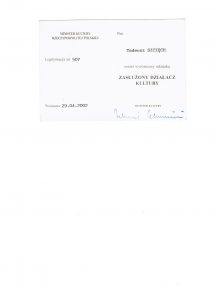 legitymacja zasłużony działacz kultury dla Tadeusza Szczęcha.