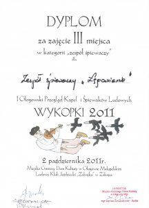 Dyplom za zajęcie 3 miejsca dla Zespołu śpiewaczego Łęgowianie na 1 glogowskim przeglądzie kapel i śpiewaków ludowych Wykopki 2011.