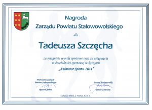 dyplom dla Tadeusza Szczęcha za wyniki sportowe Animator sportu 2014.