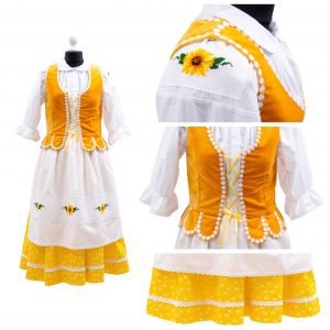 żółto-biała sukienka w słoneczniki.